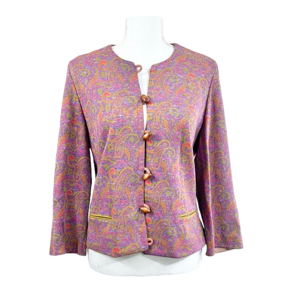 A Leslie Faye Original Purple Pink Green Bracelet Sleeve Blazer Jacket Medium?